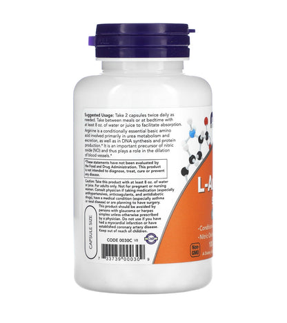 NOW L-Arginine 500mg | Vasodilator |  Nitric Oxide Precursor | 100 Capsules; Exp 06/2029