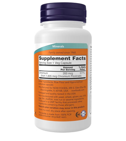 NOW Chromium Picolinate 200 mcg | Insulin Co-Factor | Supports Healthy Glucose Metabolism | 100 Capsules; Exp 04/2031