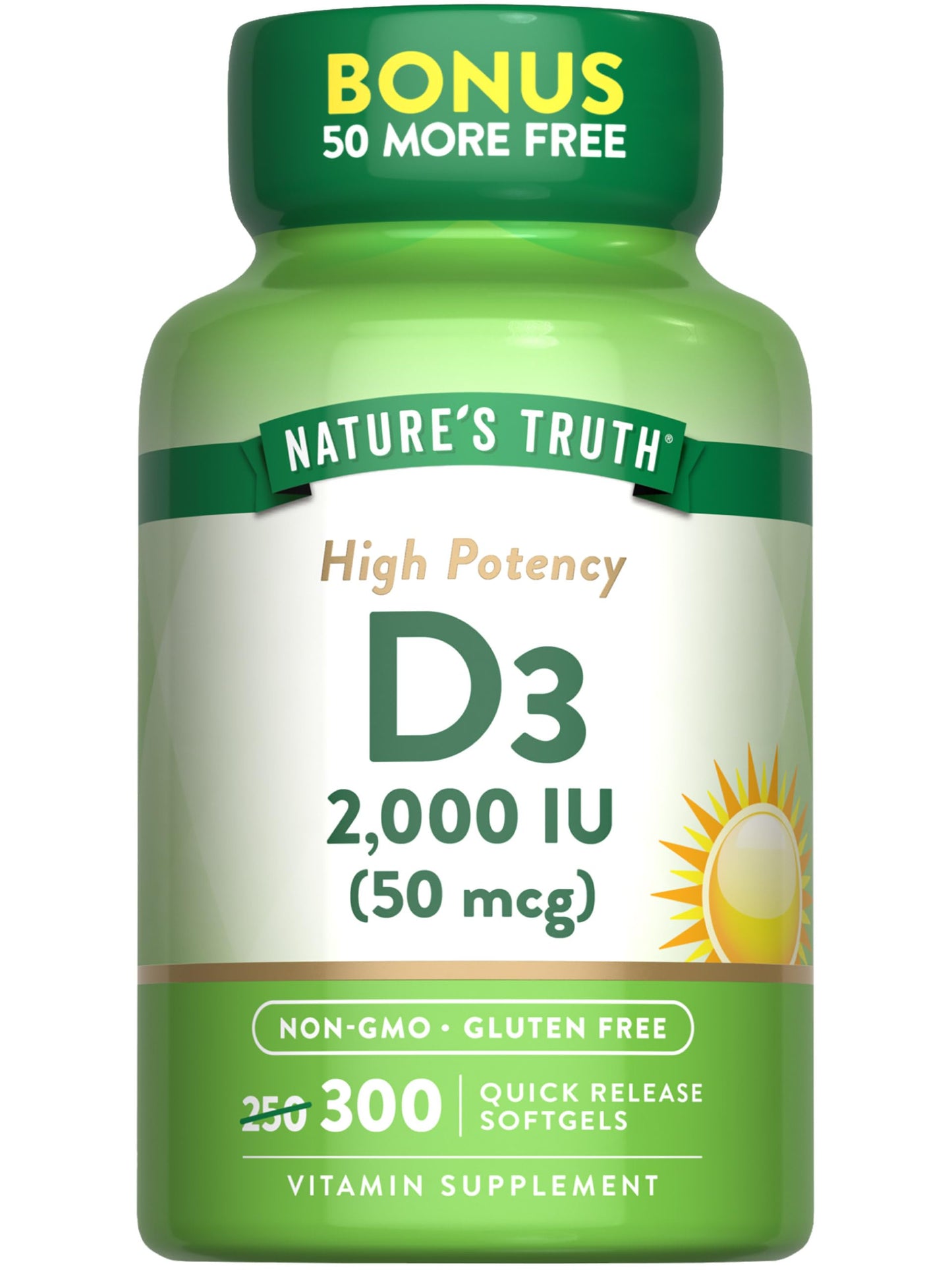 Nature's Truth Vitamin D3 2000iu (50 mcg) | High Potency | Supports Immune System, Hormone Health, Bone & Joint Health | 300 Quick Release Softgels Exp 06/2027