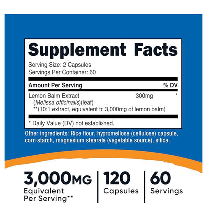 Nutricost Lemon Balm Extract 3,000mg | Melissa Leaf | Promotes Sleep & Enhances Relaxation | 120 Capsules; Exp 09/2028