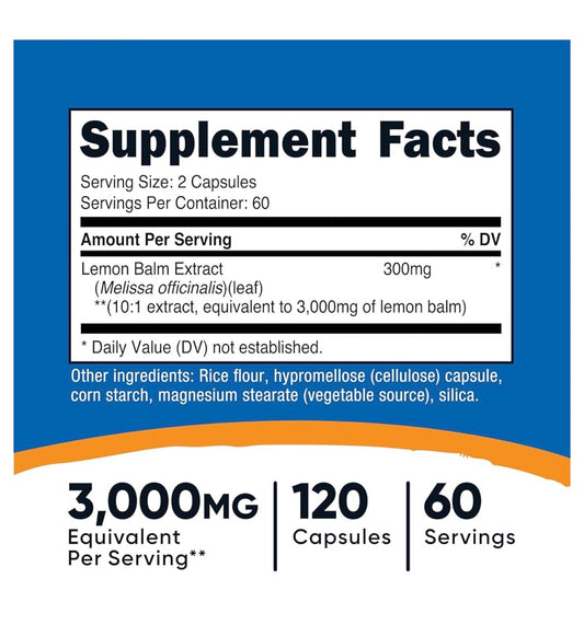 Nutricost Lemon Balm Extract 3,000mg | Melissa Leaf | Promotes Sleep & Enhances Relaxation | 120 Capsules; Exp 09/2028