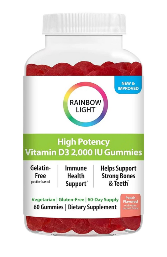 Rainbow Light Vitamin D3 Gummies | High Potency Vitamin D3 2,000IU | Immune Health Support | Helps Support Strong Bones & Teeth | Peach, 60 Gummies Exp 04/2025