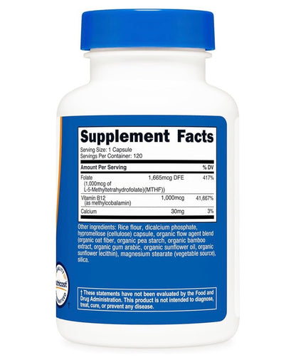 Nutricost Methylated Vitamin B12 + Folate | L-5-MethylFolate (Quatrefolic) 1000 mcg + Methylcobalamin 1,000 mcg | Gentle on Stomach | Supports Heart, Brain, Nerve, Digestive Health | Maintains  Healthy RBCs Production | 120 Capsules; Exp 11/2028
