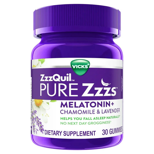 Vicks ZzzQuil Pure Zzzs Melatonin Gummies | Proprietary Botanical Blend of Lavender, Chamomile, Valerian Root & Lemon Balm to Promote Relaxation & Sleep | 100% Drug-Free Sleep Support | 30 Gummies; Exp 07/2026