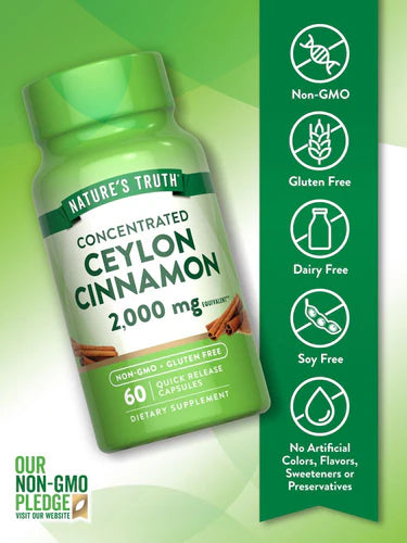 Nature’s Truth Concentrated Ceylon Cinnamon 2000mg | Blood Sugar & Weight Management Support | 60 Capsules; Exp 08/2027