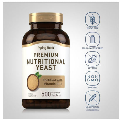PipingRock Nutritional Yeast 2000mg Fortified with Vitamin B12 | Naturally Contains Thiamin (Vitamin B-1), Riboflavin (Vitamin B-2) & Niacin | 500 Tablets; Exp 08/2027