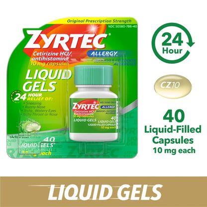 Zyrtec 24 Hour Allergy Relief 10mg Cetirizine HCl | Suitable for Adults & Children 6 Years & Older | 40 Liquid Gels Exp 01/2026