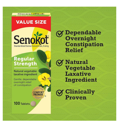 Senokot Regular Strength Constipation Relief | Senna Plant, A Natural Vegetable Laxative Ingredient | Senna Concentrate 8.6mg | 100 Tablets; Exp 11/2026