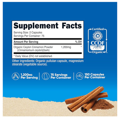 Nutricost Organic Ceylon Cinnamon (1200 MG) | Supports Healthy Glucose (Sugar) Metabolism | 150 Capsules; Exp 09/2027