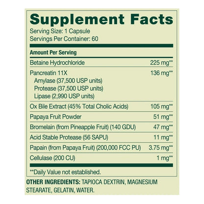 Spring Valley Super Enzyme Complex | With 225mg Betaine Hydrochloride, Ox Bile, Pancreatin, Protease, Papain, Bromelain & Cellulose | Supports Healthy Digestion and Nutrient Absorption | Digestive Enzymes | 60 Capsules; Exp 11/2026