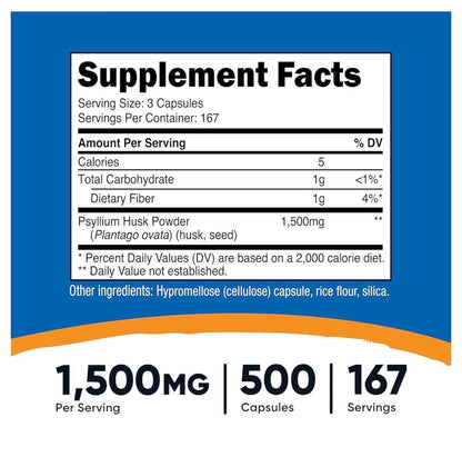 Nutricost Psyllium Husk Capsules 1500mg | 500mg per Capsule | Promotes Digestive Health | Promotes Bowel Regularity | 500 Capsules; Exp 09/2028