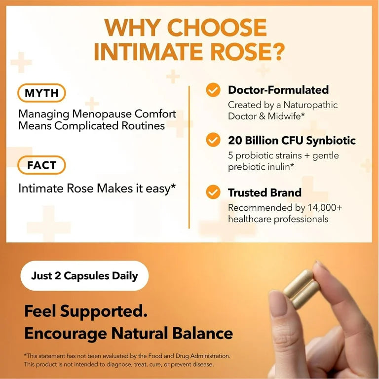 Intimate Rose Menopause Synbiotic with Black Cohosh, Dong Quai, Rhubarb Root, Prebiotic & Probiotic 20 Billion CFU | Complete Menopause Support | Helps Ease Hot Flashes, Night Sweats, Restful Sleep | 60 Capsules; Exp❗️ UNCLEAR 10/2027 👉🏽Check last pic
