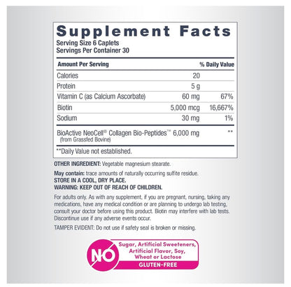 NeoCell Grassfed Collagen Bio-Peptides + Vitamin C + Biotin | Formerly Super Collagen | For Glowing Skin | 180 Caplets; Exp 11/2028 (New Look)