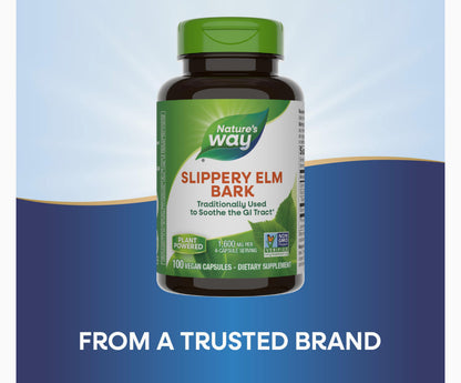 Nature's Way Slippery Elm Bark 400mg | Helps Coat & Soothe Gastrointestinal (GI) Tract | Helps with Acid Reflux | 100 Capsules; Exp 02/2029 ❗️ROUGH PACK 👉🏽Check last picture
