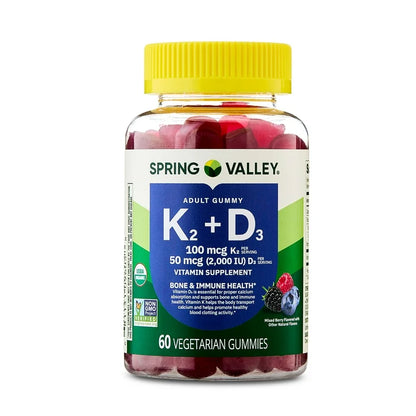 Spring Valley Vitamin K2 + D3 Gummies | 100 mcg Vitamin K2 (Mk-7) & 2000 IU Vitamin D3 | Supports Bone & Immune Health | Fosters Optimal Calcium Absorption & Healthy Blood Clotting | Mixed Berry Flavor ~ 60 Gummies; Exp 06/2027