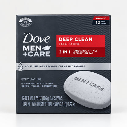 DOVE MEN + CARE Deep Clean Bars with Purifying Grains | Exfoliating Soap for Deep Cleansing | 3.75 oz/106g ~ 12 Bars of Soap