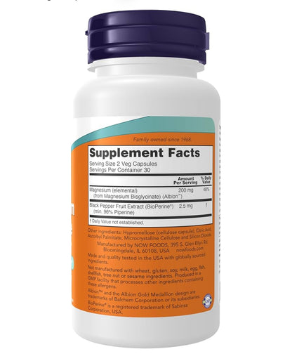 NOW Magnesium Glycinate with BioPerine | Highly Absorbable Form | Sleep Support & Stress Relief | 60 Capsules; Exp 08/2027