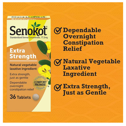 Senokot Extra Strength Constipation Relief | Senna Plant, A Natural Vegetable Laxative Ingredient | Senna Concentrate 17.2mg | 36 Tablets; Exp 04/2027