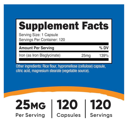Nutricost Iron Bisglycinate 25mg | Well Absorbed Form of Iron | Essential for the Formation & Function of Healthy RBCs and Improves Energy levels | 120 Capsules; Exp 02/2029