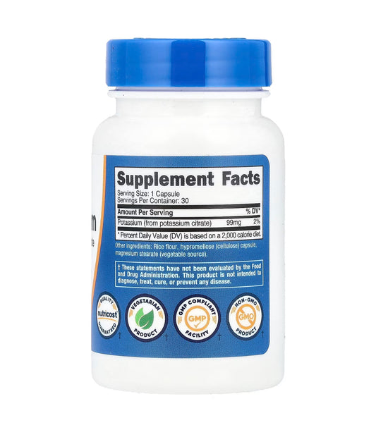 Nutricost Potassium Citrate 99mg | Highly Bioavailable Form of Potassium | Supports Electrolyte Balance, Normal pH and Proper Muscular Contraction | 30 Capsules; Exp 08/2027