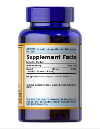 Puritan’s Pride Vitamin E 450mg (1000 IU) | Antioxidant | Supports Healthy Immune & Vascular System | Contributes to Healthy Skin | 100 Rapid Release Softgels; Exp 07/2028
