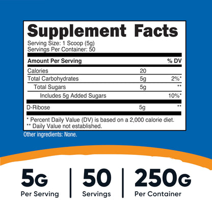 Nutricost's Pure D-Ribose Powder | Supports Energy Production in Your Heart & Muscle | Promotes Muscle Recovery after Exercise | 250g; Exp 03/2028