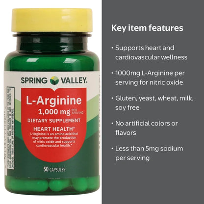 Spring Valley L-Arginine 1000mg | Energy & Cardiovascular Support | 50 Caplets; Exp 10/2027