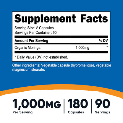 Nutricost Moringa 1000mg | 90 Servings | SuperFood | Antimicrobial, Anti-inflammatory & Antioxidant | 180 Capsules; Exp 01/2028
