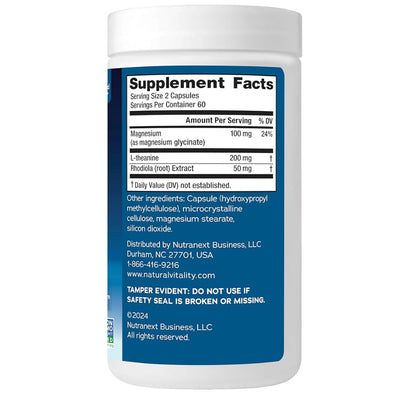 Natural Vitality CALM Mood and Stress | Magnesium Glycinate with L-Theanine & Rhodiola | Supports Body & Mind Relaxation | 120 Capsules; Exp 07/2026