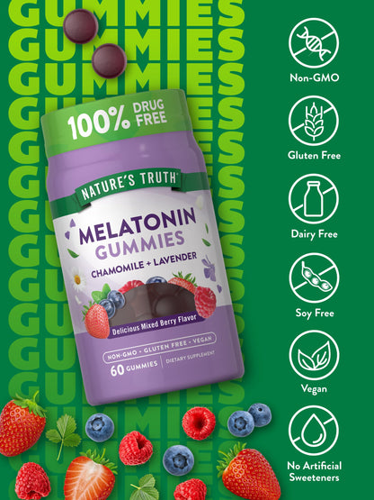 Nature's Truth Melatonin 3mg | with Magnesium Citrate (30mg), Chamomile and Lavender | Berry Flavor | 60 Gummies Exp 12/2025