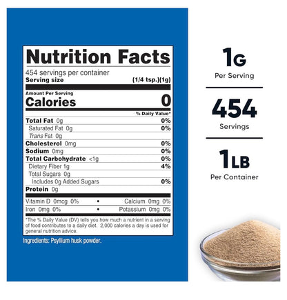 Nutricost Pure Psyllium Powder | Soluble Fibre | Natural Fiber Supplement | Appetite Management | Promotes Regularity & Helps Support Normal Bowel Elimination | 1 lb/454g; Exp 01/2029