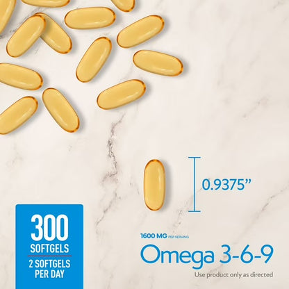 Member's Mark Omega 3-6-9 1600mg | with Esterified Tuna Fish Oil, Cold Pressed Flaxseed Oil, Safflower Oil, Borage Oil, Extra Virgin Olive Oil & Evening Primrose Oil | 300 Softgels; Exp 09/2027