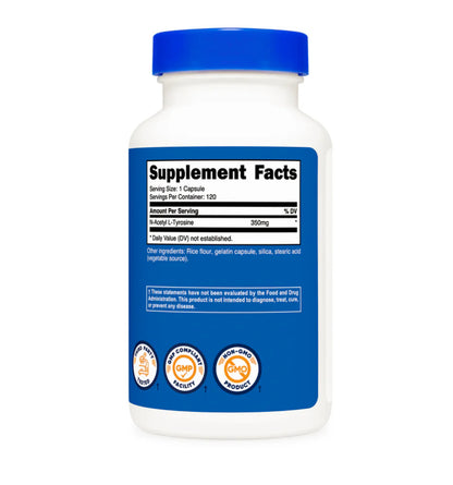 Nutricost N-Acetyl-L-tyrosine 350mg | Supports Mood Regulation | Helps You Maintain Concentration & Manage Stress | Supports Increased Bioavailability of Tyrosine | 120 Capsules; Exp 06/2028
