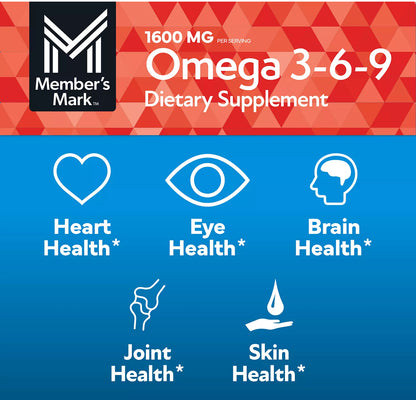 Member’s Mark Omega 3-6-9 1600mg | with Fish Oil, Borage and FlaxSeed Oils | Supports Heart, Brain, Muscle, Skin, Joint, Immune & Health | For Proper Nervous System Function | 325 Softgels; Exp 10/2026