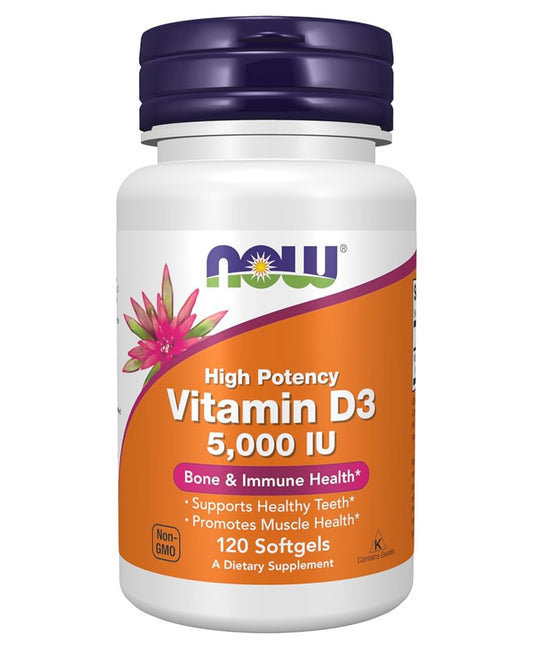 NOW Vitamin D3 5000 IU (125mcg) | Immune and Hormonal Support | 120 Softgels; Exp 04/2029