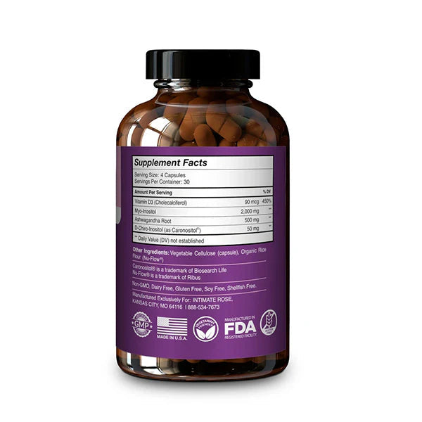 Intimate Rose Myo and D-Chiro Inositol with Ashwagandha and Vitamin D | 40:1 Ratio of Myo & D-Chiro Inositol | Hormonal, Ovarian & Reproductive Support | 120 capsules; Exp 02/2027 (New Look)