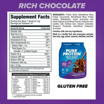 Pure Protein 100% Whey Protein Powder, 25g Protein | Rich Chocolate ~ 1.75 lb/793g; Exp 12/2025