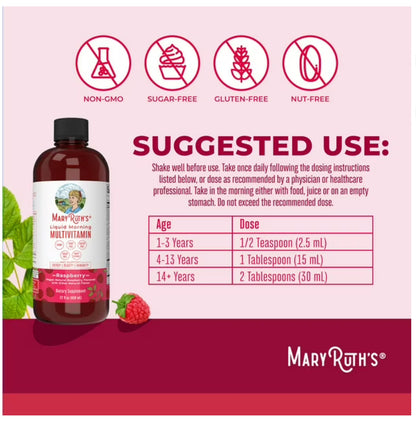 MaryRuth Organics Liquid Morning Multivitamin for For the Whole Family (Including Kids Aged 1 Year & Above) | Vitamins A, C, D, E, B6, B12, Biotin, Zinc | Natural Raspberry ~ 22oz/650ml; Exp 04/2027
