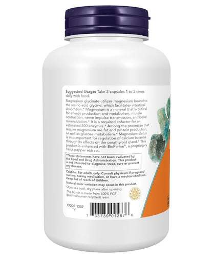 NOW Magnesium Glycinate with BioPerine | Highly Absorbable Form | Sleep Support & Stress Relief | 180 Capsules; Exp 06/2028