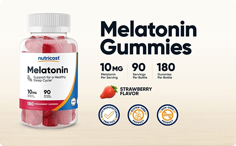 Nutricost Melatonin Gummies 10mg | 100% Drug-free Sleep Aid | 10mg per Gummy | 180 Gummies; Exp SMUDGED❗️11/2027 Batch (See last Picture)
