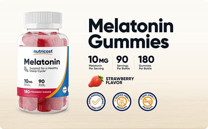Nutricost Melatonin Gummies 10mg | 100% Drug-free Sleep Aid | 10mg per Gummy | 180 Gummies; Exp SMUDGED❗️11/2027 Batch (See last Picture)