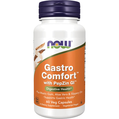 NOW Gastro Comfort with PepZin | Zinc L-Carnosine, Mastic Gum, Aloe Vera & Slippery Elm | Heals the Stomach Lining | Improves Gastrointestinal Health Tract | 60 Capsules; Exp 05/2029