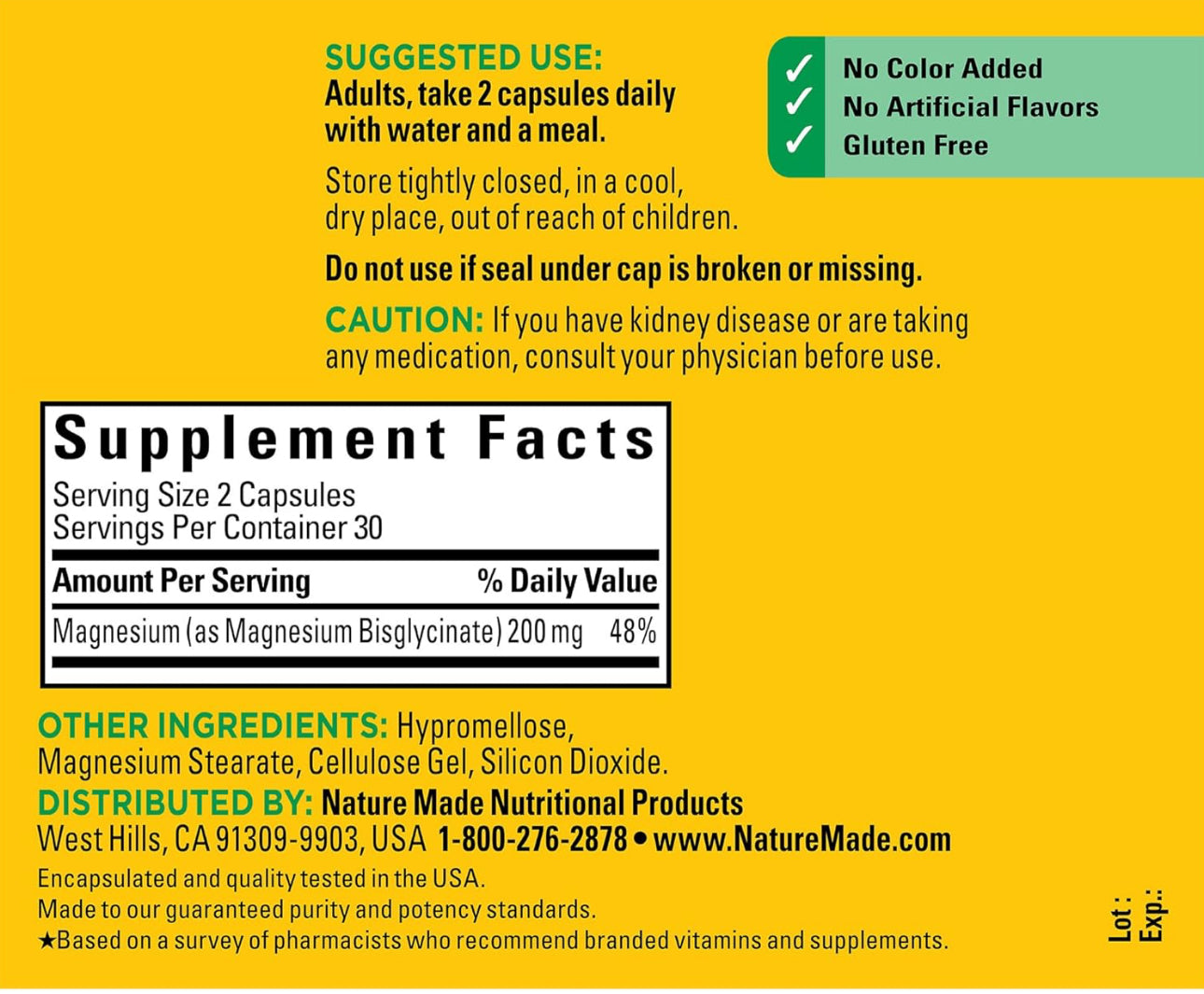 Nature Made Magnesium Glycinate 200mg per Serving | Supports Muscle Relaxation, Heart, Nerve and Bone | Magnesium Bisglycinate | 60 Capsules; Exp 04/2026