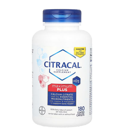 Citracal Maximum Plus +D3 | With Zinc, Copper & Manganese to Support Bone Health | 3 Months Supply | 180 Coated Caplets; Exp 06/2025