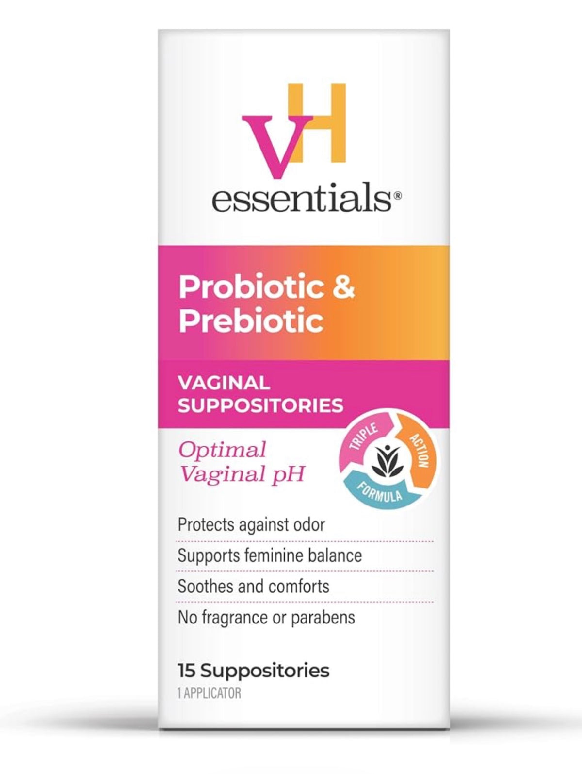 vH essentials Prebiotic + Probiotic Vaginal Suppositories | with Vitamin E and Hyaluronic Acid | For Optimal Vaginal pH | Naturally Restores pH Balance & Protects against Feminine Odor | 15 Suppositories; Exp 03/2028