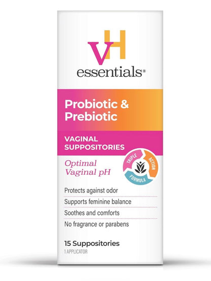 vH essentials Prebiotic + Probiotic Vaginal Suppositories | with Vitamin E and Hyaluronic Acid | For Optimal Vaginal pH | Naturally Restores pH Balance & Protects against Feminine Odor | 15 Suppositories; Exp 03/2028