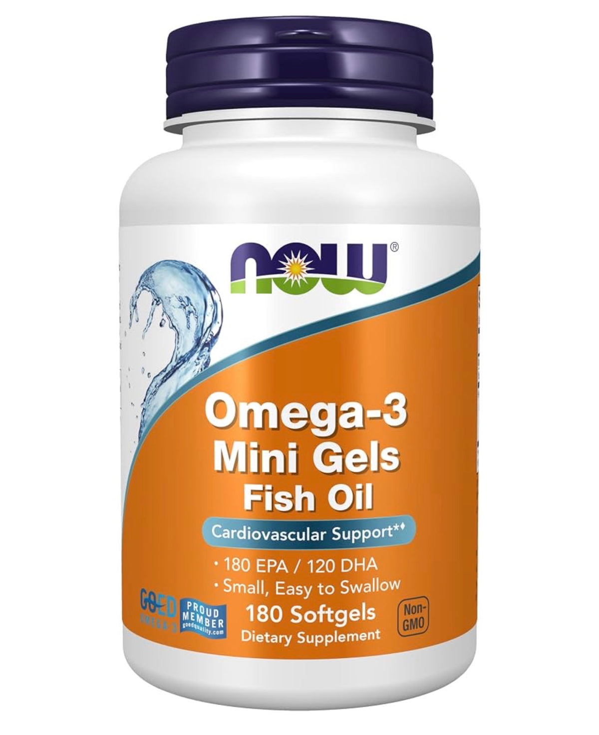 NOW Omega-3 Fish Oil Mini Gels 180 EPA/120 DHA | 500mg per Softgel | Cardiovascular Support | 180 Softgels; Exp 01/2029