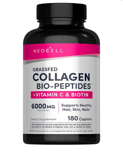 NeoCell Grassfed Collagen Bio-Peptides + Vitamin C + Biotin | Formerly Super Collagen | For Glowing Skin | 180 Caplets; Exp 11/2028 (New Look)