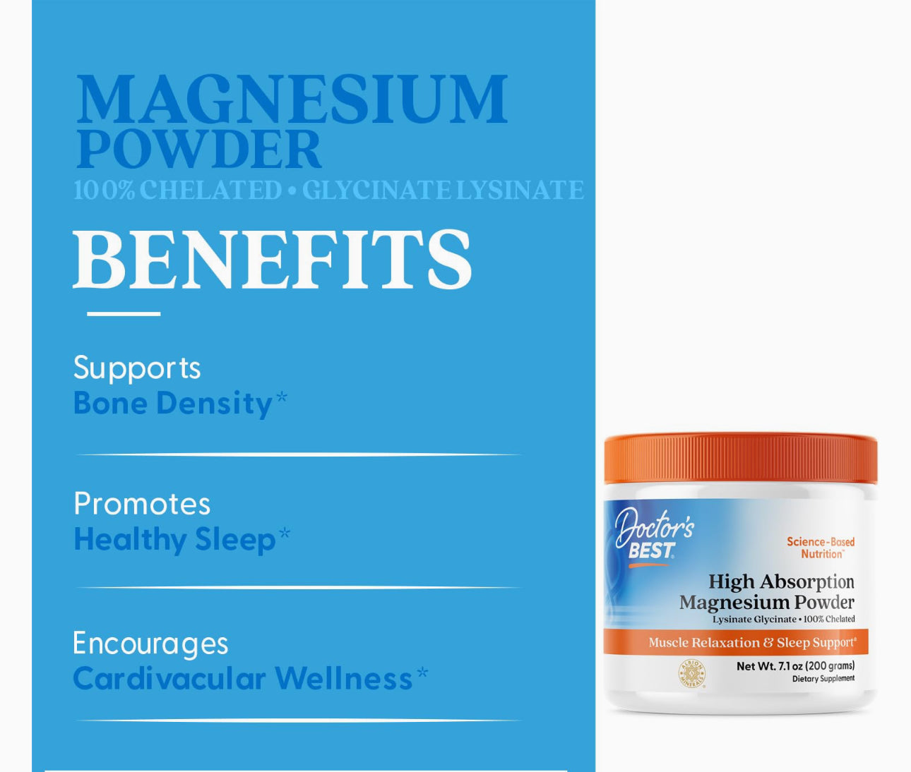 Doctor's Best High Absorption Magnesium Powder | Magnesium Lysinate Glycinate Chelate | 100% Chelated | 200mg Magnesium per Serving | 100 Servings | 7.1oz/200g Exp 03/2027