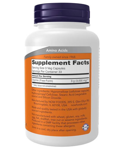 NOW Glycine 1000mg | Free Form | Involved in Joint Repair, Muscle Building & Reduces Inflammation | Hepatoprotective | 100 Capsules; Exp 06/2030